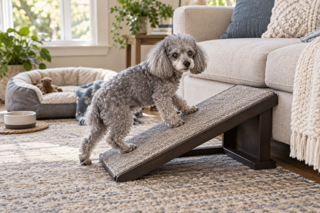 Senior miniature poodle uses a carpeted ramp to reach the sofa safely.