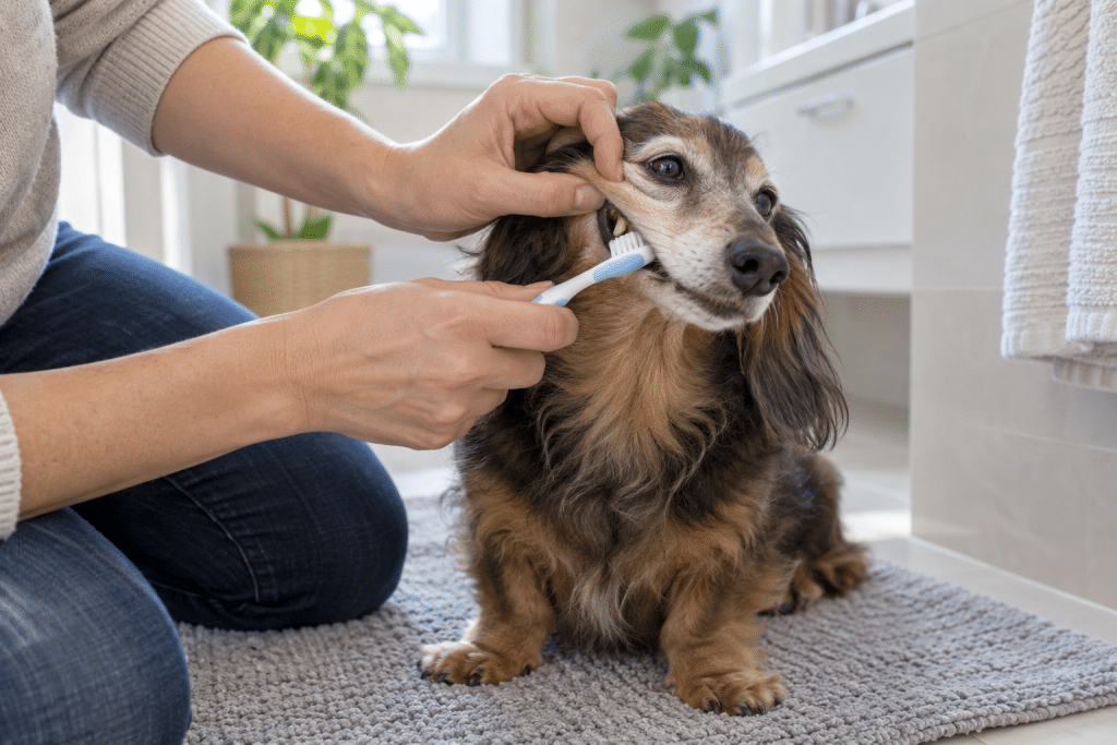 Senior dachshund receiving gentle at-home dental care.