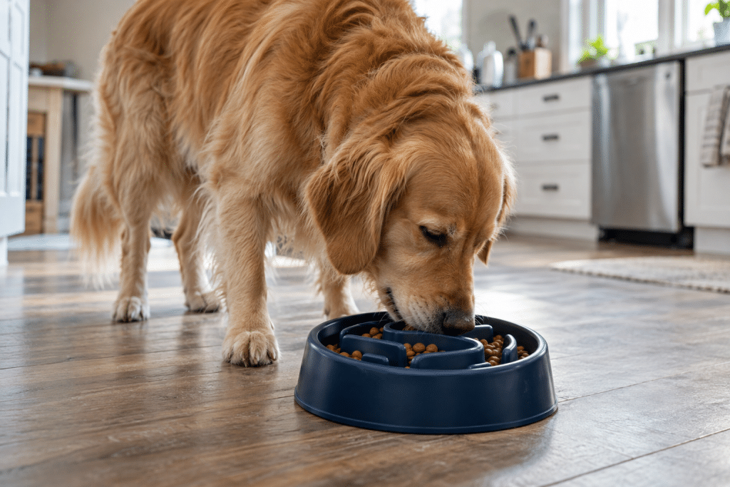 Golden Retriever Enjoys a Slow Feeder Bowl