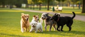 Happy playful dogs enjoying outdoor fun.