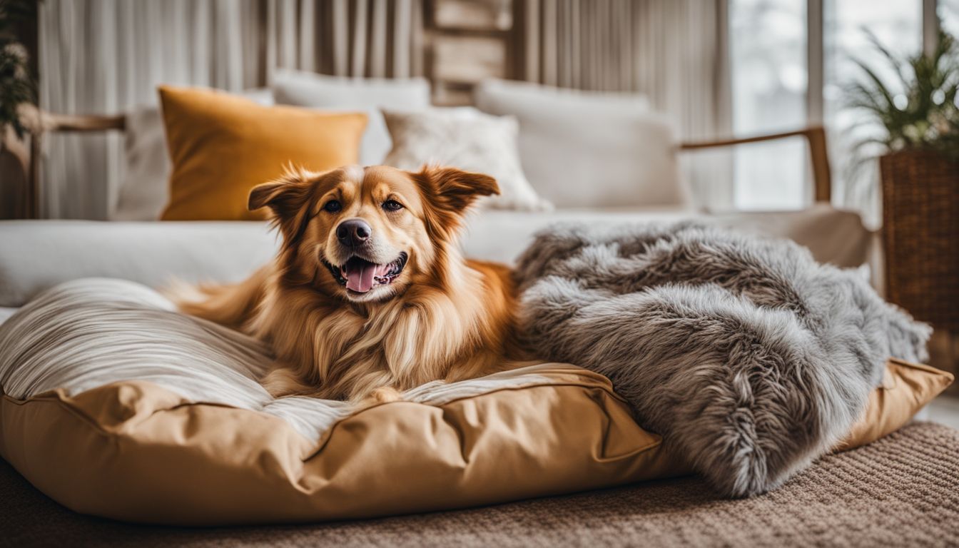 A happy dog lounging in a luxurious dog hotel suite.