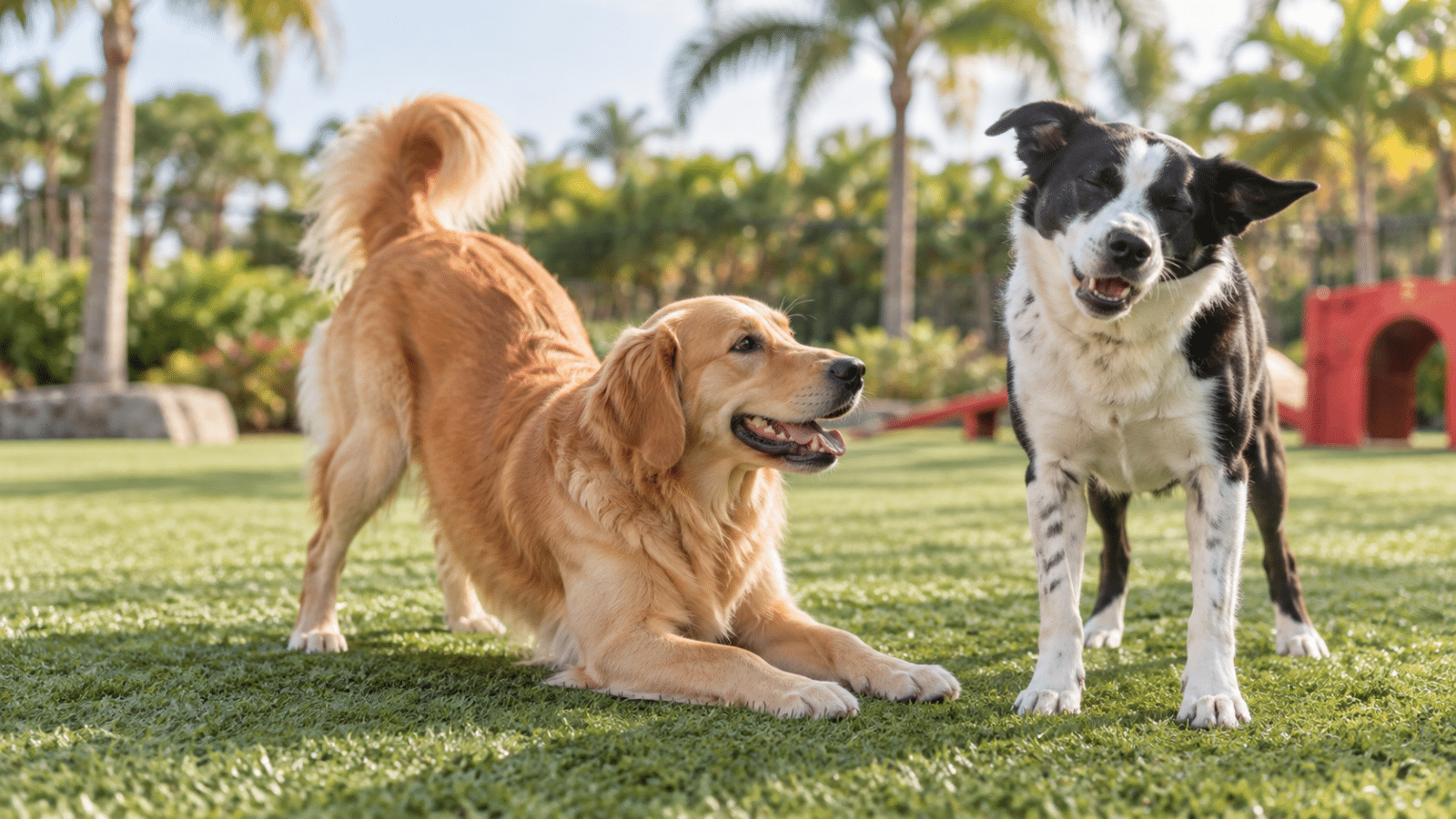 Golden retriever mix play-bows beside a black-and-white dog sneezing during outdoor daycare play.
