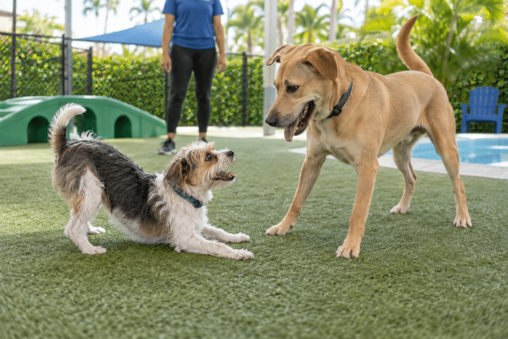 Small terrier play-bows to a larger tan dog in a supervised daycare yard.