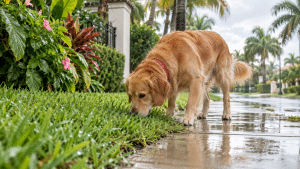 Golden retriever sniffs wet grass beside a rain-covered sidewalk.
