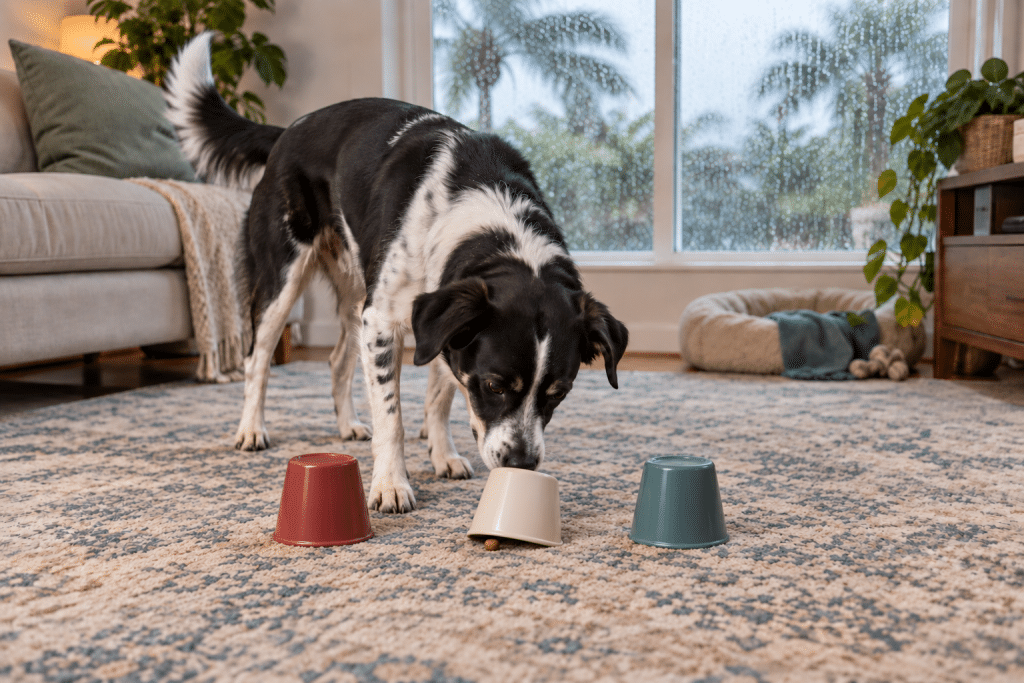 Dog uses its nose to find a treat hidden beneath one of three cups on a rainy afternoon.