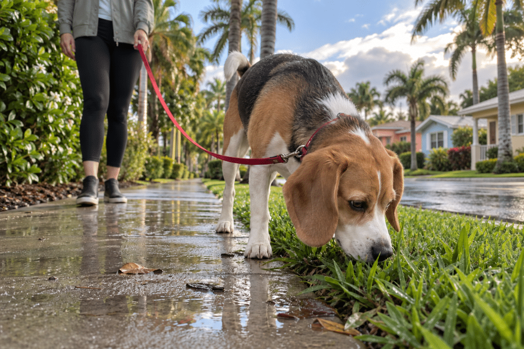 Beagle sniffs wet grass while its owner waits on a rain-covered sidewalk.