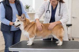 Senior corgi receiving a body and muscle condition check.