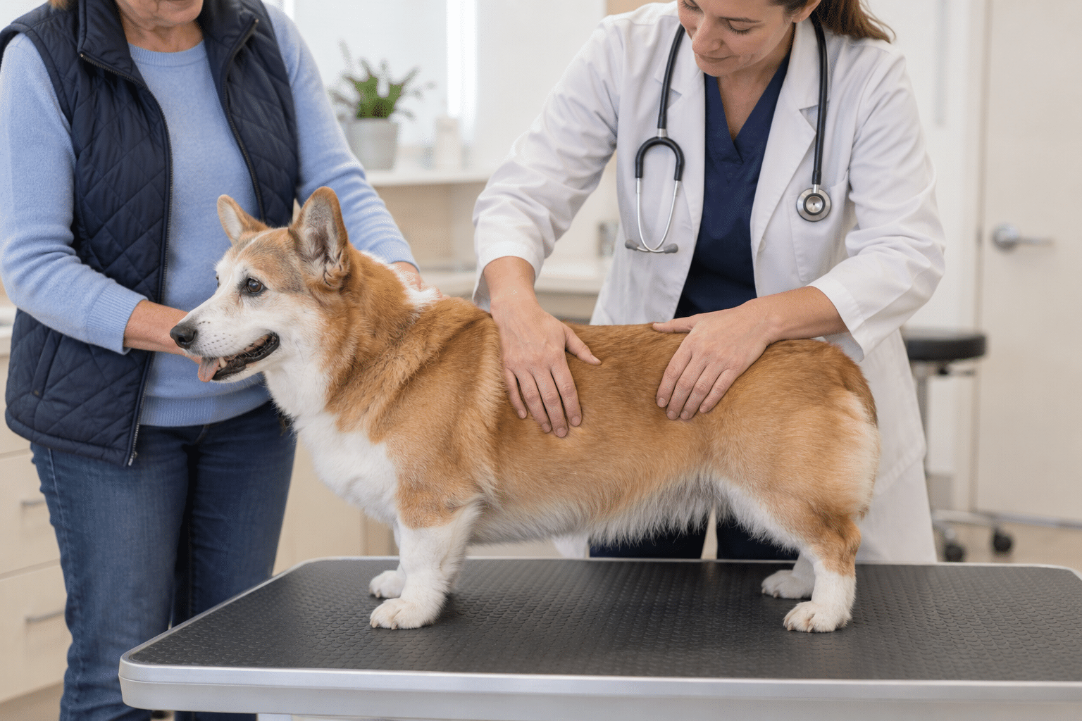 Senior corgi receiving a body and muscle condition check.